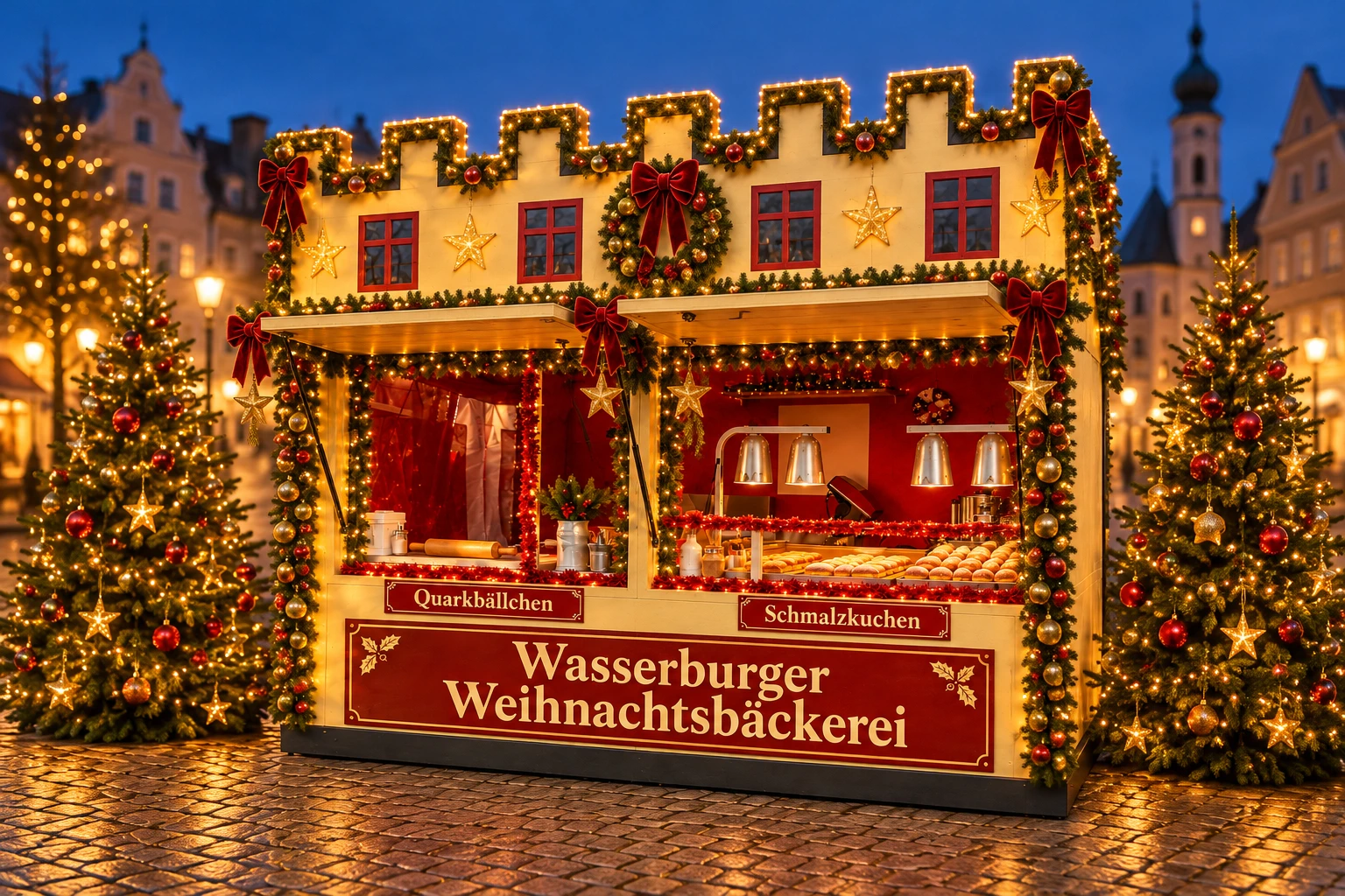 Dekorationsentwurf der Wasserburger Weihnachtsbäckerei mit roten Schildern und geschmückten Tannen links und rechts